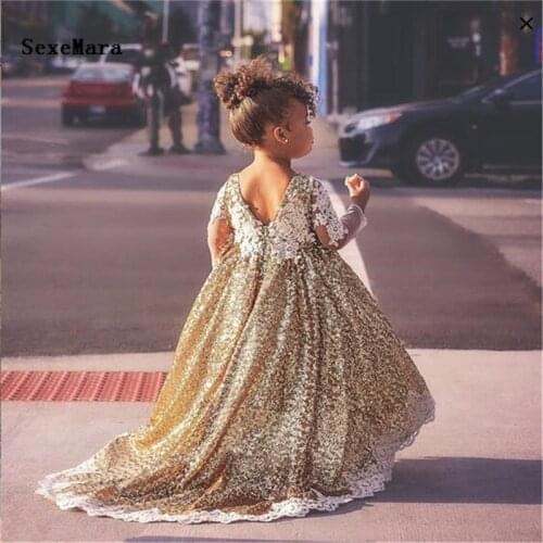 Sparkly golden sequins flower girl dresses kids birthday party dress evening gown with long train new year photography