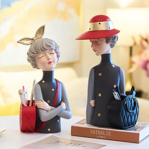 Bowknot Girl Figure Statue Resin Sculpture Pen Holder Cute Home Decoration Ornaments Girly Bedroom Decoration Birthday Gifts