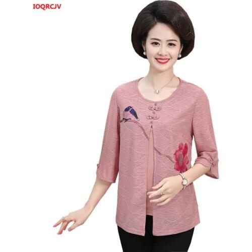 Middle Aged Womens T-shirts And Tops Spring Summer New Print O-Neck Three Quarter Sleeves Fake two Tshirts Plus Size 5XL W1902