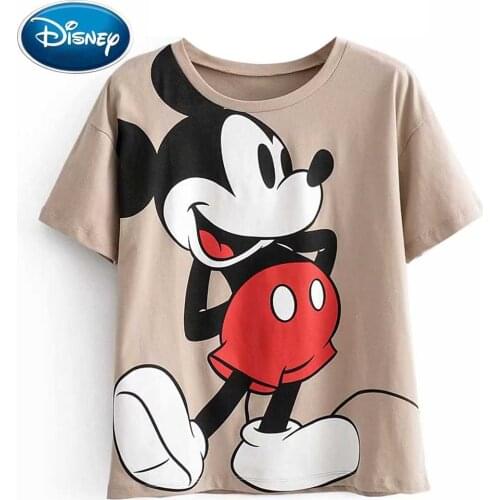 Disney Cute Mickey Mouse Cartoon Print Khaki T-Shirt Casual Fashion Women O-Neck Pullover Short Sleeve Harajuku Loose Tee Tops