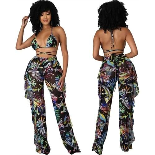 2021 Leaves Print Sexy See Through Ruffle 3 Piece Bikini Set Women Palm Mesh Swimsuit Cover Up Pants Bandage Bra And Panty Set