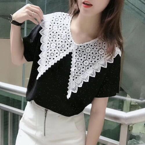 Korean Women Hollow Floral Lace Fake Collar Detachable Buttons Large Pointed Lapel Half Shirt Blouse Dress Decorative Accessory