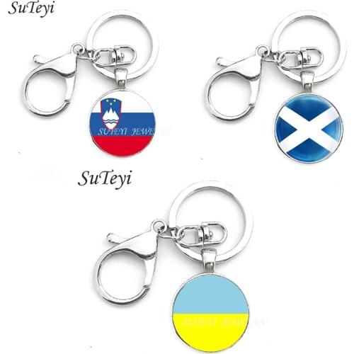 Hot Slovenia and Scotland and Ukraine Flag Car Keychain Jewelry Silver Color Glass Art Photo Flag Key Chain Men Bag key Ring