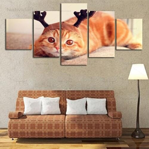 Wall Art Modular Poster Hd 5 Pieces Lovely Orange Cat Modern Frameless Canvas Painting Living Room Home Decor Printed Pictures