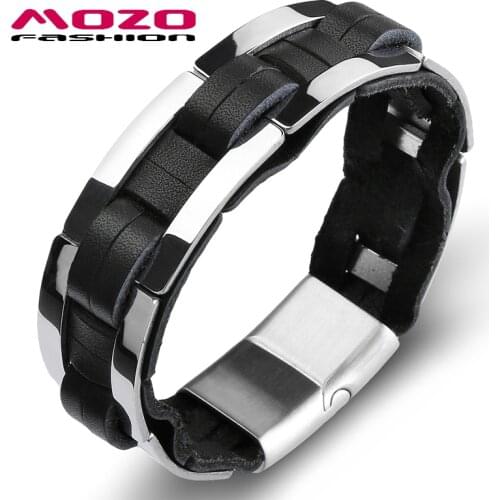 MOZO FASHION 2020 Men Charm Simple Classic Bracelet Genuine Leather Bracelets Stainless Steel Magnet buckle mens Bracelets 2140