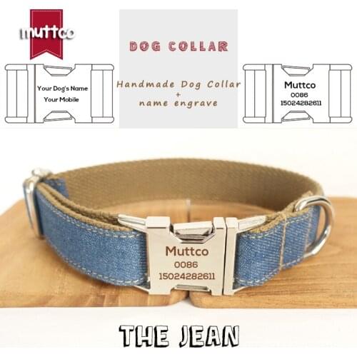 MUTTCO Anti-lost retailing handmade dog collar Custom puppy pet collars with name THE BLUE JEAN dog collar 5 sizes UDC003
