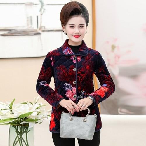 Spring Autumn New Plus velvet Warm printing Jacket coat Women Fashion thin Coats middle-aged women quilted velvet jackets