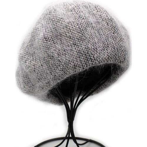 [Onidfurow] Fashion New Women Angora rabbit Solid Color Beret Female Bonnet Caps Winter All Matched Warm Walking Hat with stars