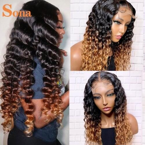 3 Tones Ombre HD Transparent Lace Frontal Human Hair Wigs Glueless Brown Highlight Wig Deep Curly Lace Front Wig Pre Plucked