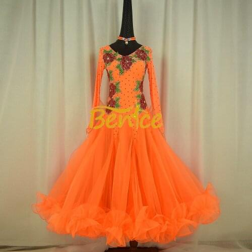 Ballroom Competition Dress Adult Tight Long Swing Flowers Rhinest Tango Waltz Latin Dancing Dress Performer Dance Wear For Women