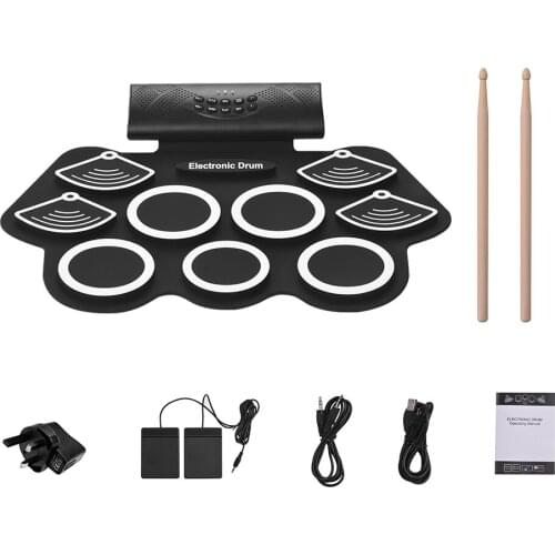 Portable Electronic Drum Kit Hand Roll Drum Set 9 Silicon Pads Built-in Stereo Speaker Lithium Battery with Drumstick Foot Pedal
