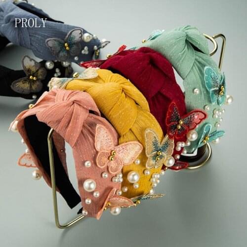 PROLY New Fashion Women Headband Wide Side Butterfly Pearls Hairband Adult Baroque Headwear Center Knot Hair Accessories