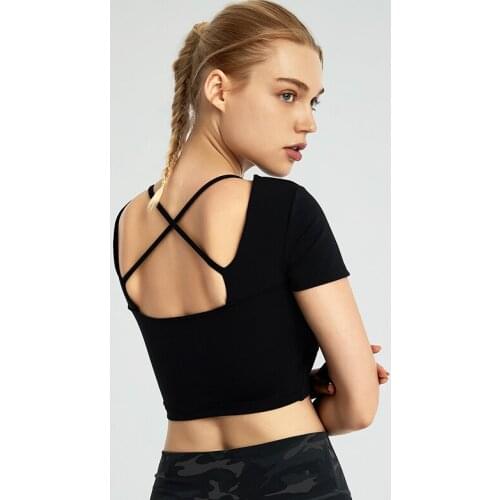 SABOLAY2021 new European and American nude beauty back yoga fitness sports short-sleeved top sexy tight-fitting quick-drying wom