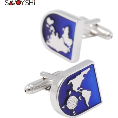 SAVOYSHI Novelty Mens Shirt Cufflinks High quality Blue Enamel Map Cuff links Brand Male Cuffs Accessories Free DIY Name