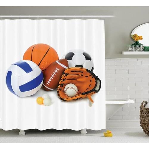 Sports Shower Curtain Many Different Sports Balls All Together Championship Ping Pong Volleyball Olympics Concept Bath Curtains