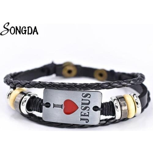 Vintage I LOVE JESUS Leather Bracelet Christian Braided Punk Rock Bracelet Bangle Unisex Wristband Wholesale Jewelry Accessories