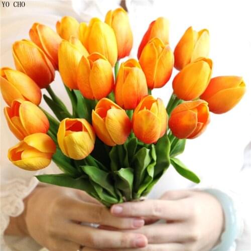 YO CHO 10pcs/lot Artificial Tulips Fake Flowers PU Mini Tulip For Home Wedding Decoration Graduation Party Decor Cheap Flowers