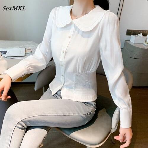 Autumn Vintage White Shirts Women 2021 Korean Fashion Long Sleeve Blouses Elegant Clothes y2k Slim French Puff Sleeve Tops Mujer