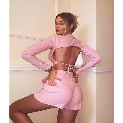 Sexy Two Piece Set Women Backless Outfits O Neck Tracksuit Long Sleeves Slim Crop Top Shorts Casual 2 Piece Set Matching Sets