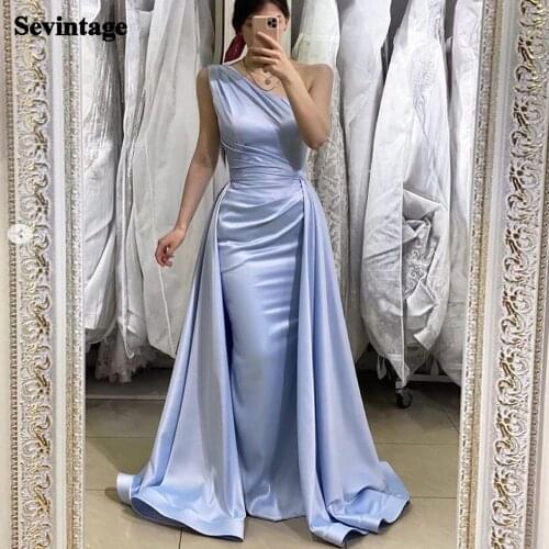 Sevintage 2 Pieces Sky Blue Mermaid Evening Dress Long One Shoulder Satin Prom Dresses with Detachable Skirt Women Party Gowns