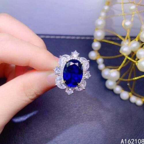 Fine Jewelry 925 Sterling Silver Inset With Large Natural Gemstone Womens Classic Noble Flower Sapphire Adjustable Ring Support
