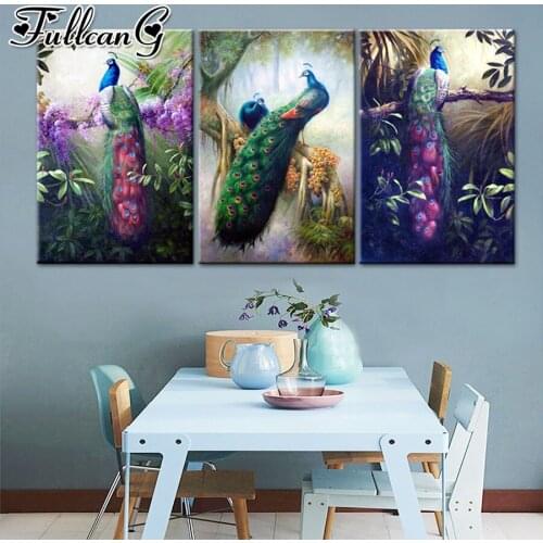 FULLCANG 5d diy diamond embroidery forest peacock flower diamond painting triptych full square round drill animal decor FC2030