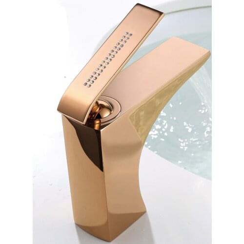 Free ship 2016 New rose Gold clour square bathroom basin vessel sink faucet mixer tap deck mounted Crystal handles