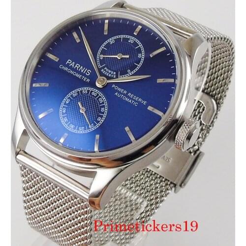 PARNIS 43mm Mechanical Automatic Men Watch Blue Dial Power Reserve Indicator Mental Bracelet