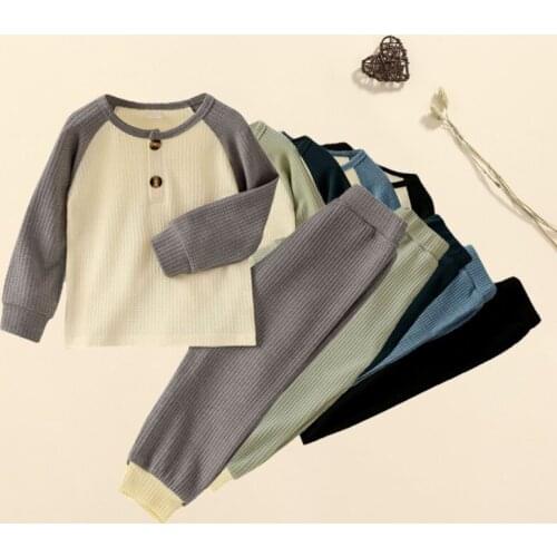 Baby Boy Clothes Spring Autumn , Contrast Color Long Sleeve T-shirt with Buttons+Elastic Waist Trousers Childrens Clothing Sets