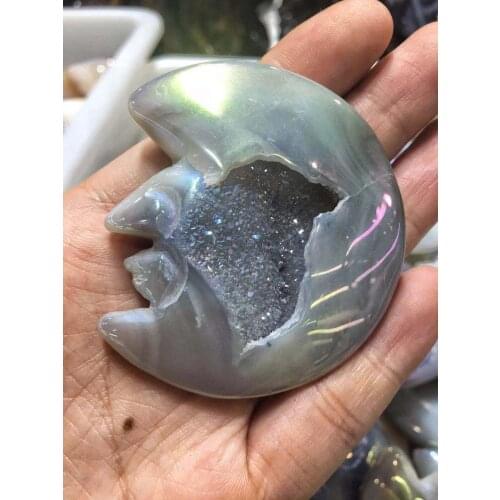 Electroplated natural crystal agate carved smile face of the moon crystal holes for ornaments