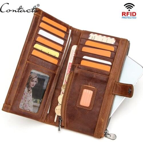 CONTACTS Men Wallets Genuine Leather Long Style Card Holder Male Purse Zipper Large Capacity Luxury Brand Wallet for Men Rfid