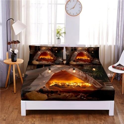 Camp Digital Printed 3pc Polyester Fitted Sheet Mattress Cover Four Corners with Elastic Band Bed Sheet Pillowcases
