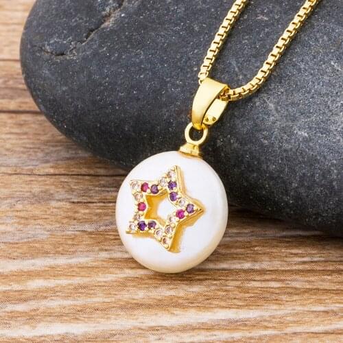 Fashion Jewelry Rainbow Star Crystal Pendant Natural Pearl Bead Gold Chain Necklace Shiny Zircon Choker Necklace Gifts For Women