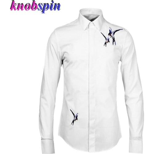 Colorful Birds Embroidery mens shirt 2019 Solid color long sleeve Slim Camisas masculina 80% Cotton Business male Dress Shirts
