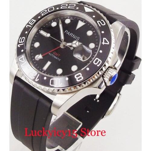 PARNIS 40mm Self Winding Mens Watch Automatic Movement Black Dial GMT Hand Sapphire Glass Silver Color Case Rubber Strap