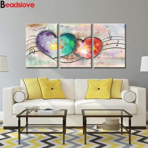 Diy diamond painting 3pcs set, Abstract Canvas Wall Art Colorful Heart Picture cross stitch mosaic embroidery wedding gift