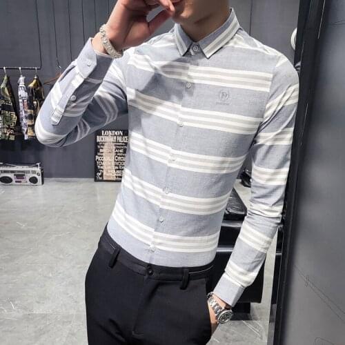 In the fall of the new British gentleman han edition mens cultivate morality shirt 2038 blue - P65 horizontal stripes