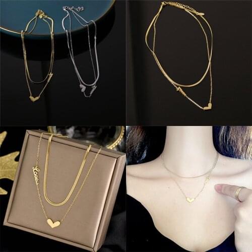 Pendant Necklace Titanium Steel Jewelry New Snake Chain Women 2 Layer Heart Love