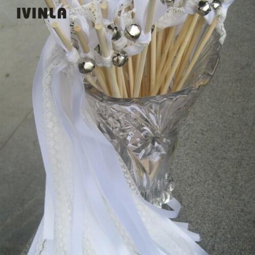 50pcs/lot White Lace Wedding Ribbon Wands stick with big Bells for wedding decoration