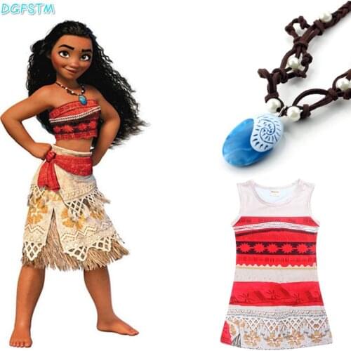 Princess Moana Cosplay Dress for Children Moana Costume with Necklace Halloween Christmas Costumes for Kids Girls Vaiana Gift