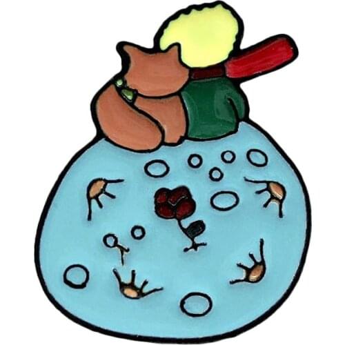 Prince and Fox Sitting by the Lotus Lake Fashion Cartoon Fairy Tale Brooch Romantic Lover Man and Woman Lapel Enamel Pin Badge