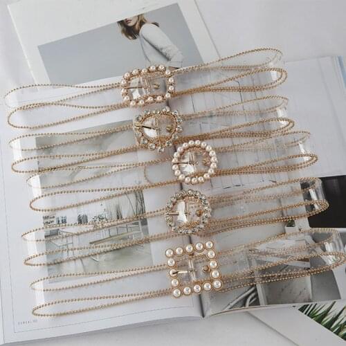 PVC Clear Belt For Women Fashion Pin Buckle Female White Waist Trousers Transparent Belts Ladies Jeans Grommet Pearl Belt