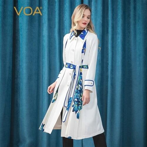 VOA Silk 60m/m Frosted White Heavy Print Panel Strap Waist Hugging Single-Breasted Long Sleeve Temperament Coat F619