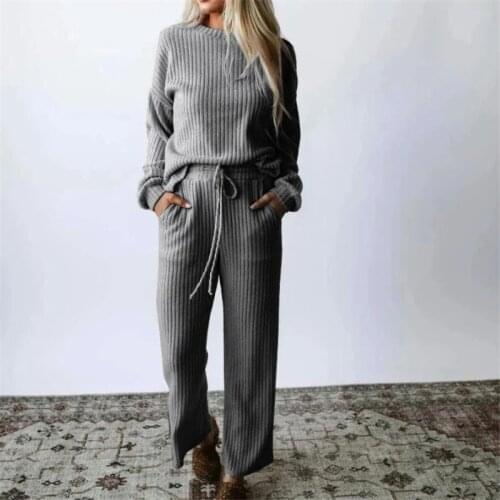 Tracksuit Women Two Piece Set Pullover Sweater High Waist Knit Wide Leg Pants Women Suit 2 Piece Set Women Winter 2021 Costume