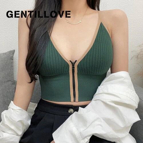 Backless Sleeveless Women Off Shoulder V-Neck Crop Tops Zipper Slim Fit Striped Spaghetti Tank Top Sexy Bra Korean Vest Club