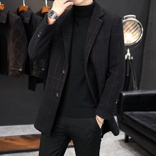 Winter Fashion Windbreaker Mens Mid-length Korean Style Self-cultivation Youth Woolen Coat Trend Plus Velvet Thick Woolen Coat