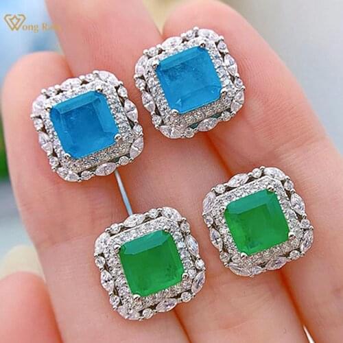 Wong Rain Vintage 100% 925 Sterling Silver Paraiba Tourmaline Emerald Created Moissanite Gemstone Earrings Studs Fine Jewelry