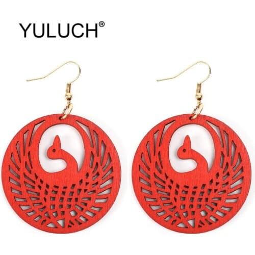 YULUCH Vintage Red Round Wood Hollow Birds Long Pendant Earrings Fashion Jewelry Women Personality Peacock Pattern Drop Earrings