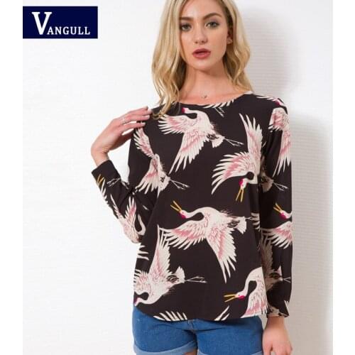 Vangull Women Retro Crane pattern shirts new long sleeve o neck blouse vintage ladies basic spring Summer casual wear chic tops