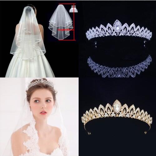 Wedding Bridal Tiara Crown and Veil with Comb Set Bride Headpiece for Women Hair Ornaments Pageant Head Jewelry Accessories